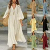 Boho Linen Look Maxi Dress – Deep V Lantern Sleeves – Resort & Vacation