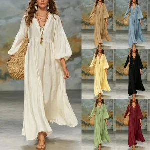 Boho Linen Look Maxi Dress - Deep V Lantern Sleeves - Resort & Vacation