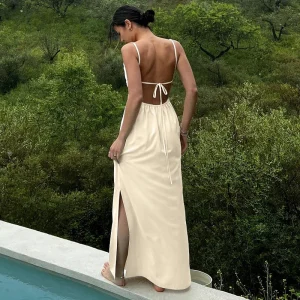 Backless Cotton Linen Maxi Dress - Tie Back & Side Split - Beach Vacation Ready