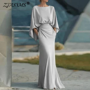 Boho Ruched Waist Maxi Dress with Batwing Sleeves - Elegant Wedding Guest & Resort Evening Style