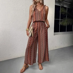Boho Striped Wide Leg Jumpsuit - V Neck Elastic Waist & Pockets for Summer