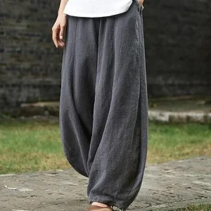 Cotton Linen Bloomers Wide-Leg Pants - High Waist & Pockets - Casual Boho Style