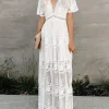 Boho Embroidered Lace Maxi Dress – White Beach Graduation & Vacation Ready