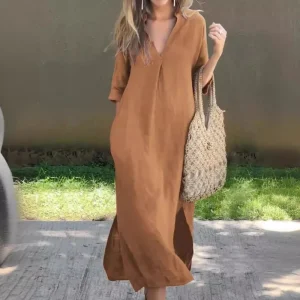 Linen Blend Maxi Dress with Side Slits - Resort & Everyday Summer Style