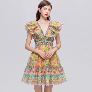 Floral Ruffle Mini Dress with Bow Back - Beach & Vacation Ready - Romantic Boho Style