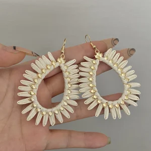 Boho Raffia Tassel Drop Earrings - Handwoven Beach Statement Jewelry