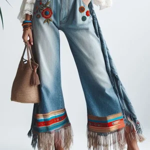 Boho Embroidered Tassel Flare Jeans – High Waist Floral Denim Pants for Festival & Everyday Style