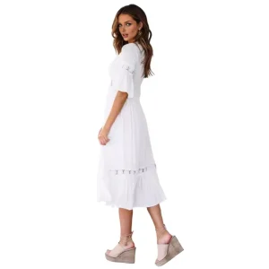 Boho Floral Lace Midi Dress - V Neck Ruffles for Vacation & Summer Weddings