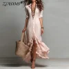 Sunlit Ruffle High-Low Maxi Dress with Button Front – Beach Holiday Boho Essential