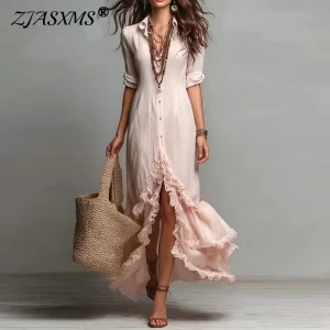 Sunlit Ruffle High-Low Maxi Dress with Button Front - Beach Holiday Boho Essential