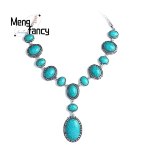 Sterling Silver Turquoise Pendant Necklace - Boho Vintage Statement Style