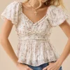 Romantic Floral Puff Sleeve Top with Lace Ruffle Details – Summer Date & Boho Feminine Style