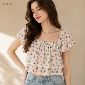 Floral Chiffon Crop Top with Flutter Sleeves & Lace Trim - Romantic Summer Boho Essential