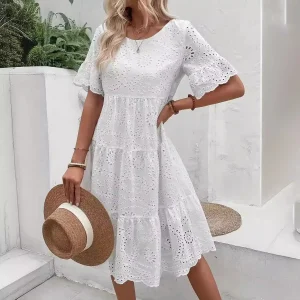 Boho Eyelet Embroidered Midi Dress - Tiered Flutter Sleeve Beach Sundress