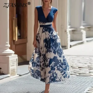 Ethereal Pleated Maxi Dress with Deep V Neck & High Waist - Romantic Wedding Guest Boho Elegance