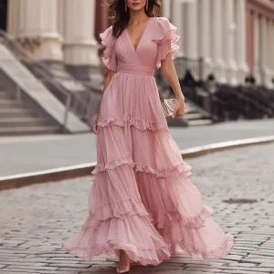 Boho Tiered Maxi Dress with Flutter Sleeves - Beach & Wedding Ready