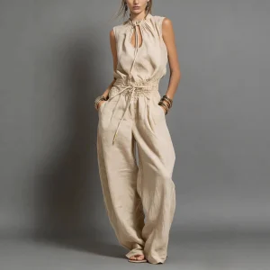 Sleeveless Waist-Cinched Wide Leg Jumpsuit - Effortless Summer Boho Style