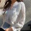Floral Lace Puff Sleeve Blouse with Hollow Embroidery – Romantic Casual & Boho Everyday Style