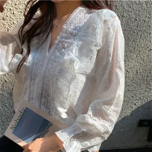 Floral Lace Puff Sleeve Blouse with Hollow Embroidery - Romantic Casual & Boho Everyday Style