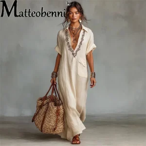 Boho Embroidered Cotton Linen Dress - Pocket Vacation Style
