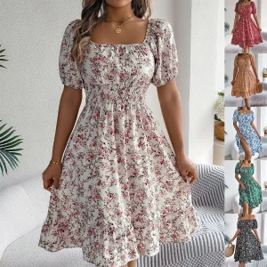 Floral 3D Print Chiffon Dress - Square Neck Ruffled A-Line