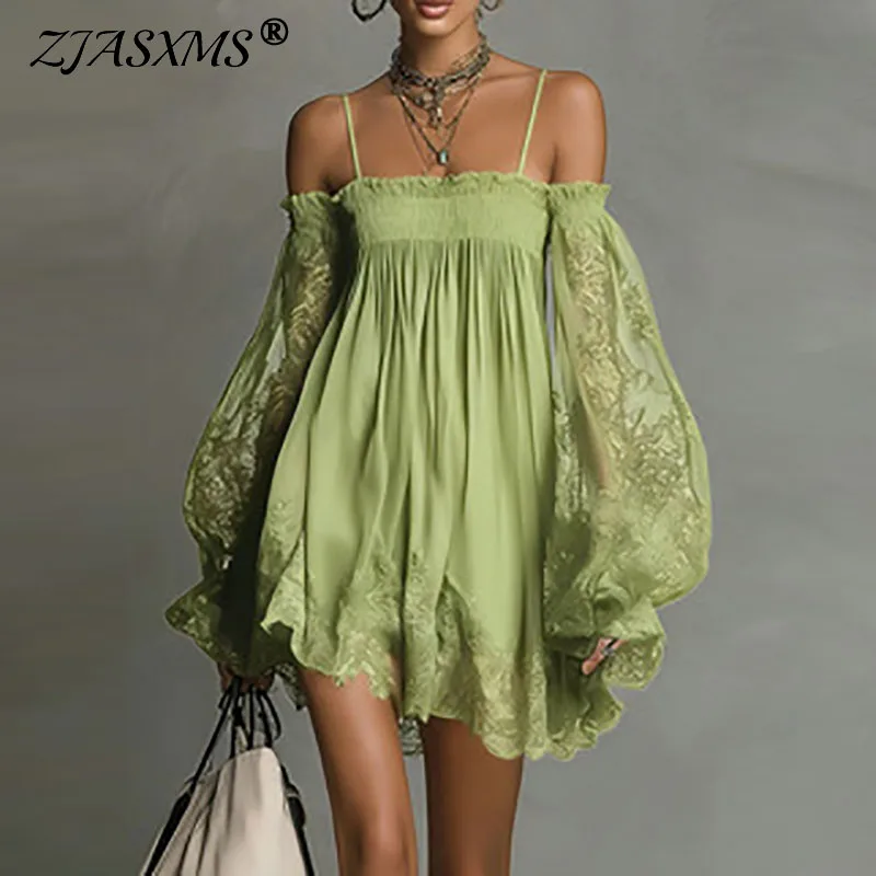 Boho Off Shoulder Mini Dress with Lace Detail - Beach & Holiday Ready