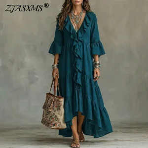 Boho Tiered Maxi Dress - Deep V Neck Ruffle Sleeves - Beach Holiday Style