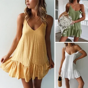 Boho Cotton Linen Mini Dress with V-Neck - Beach & Vacation Ready