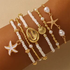 Bohemian Shell & Starfish Pearl Stacked Bracelets - Beach Vacation Vintage Style