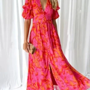 Boho Puff Sleeve Maxi Dress - Printed V Neck - Office & Resort Ready