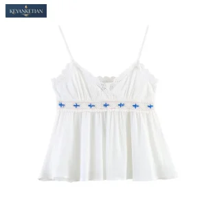 Embroidered Boho Camisole Top with Lace Trim & Side Zip - Summer Beach & Festival Ready