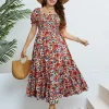 Plus Size Floral Square Neck Maxi Dress with Puff Sleeves – Beach Vacation Ready