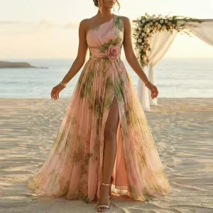 Boho Asymmetric Midi Dress - 3D Floral Waist - Resort & Party Ready