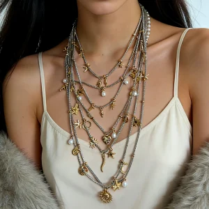 Boho Celestial Layered Choker Necklace - Star Moon Sun - Festival & Party Style