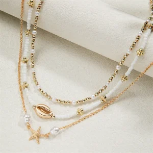 Boho Layered Starfish Shell Necklace - Beach Vacation Jewelry