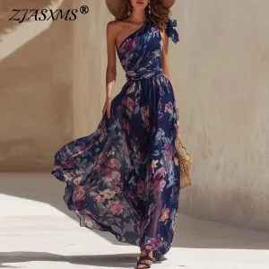 Boho One Shoulder Ruffle Maxi Dress with Bow Detail & Flowing A-Line Silhouette - Beach Vacation & Sunset Ready