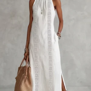 Boho Halter Neck Lace Midi Dress with Side Split & Pocket Detail - Beach Vacation & Resort Ready