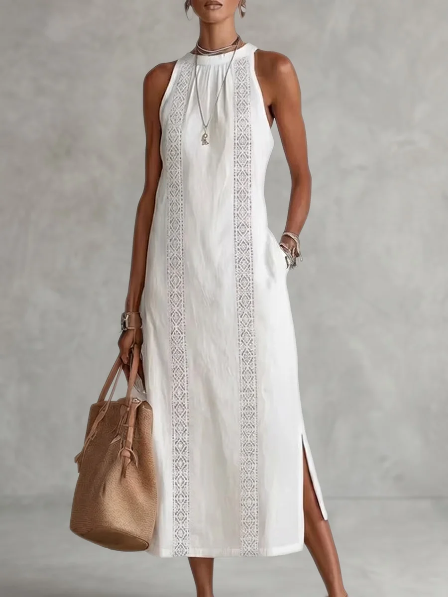 Boho Halter Neck Lace Midi Dress with Side Split & Pocket Detail - Beach Vacation & Resort Ready