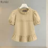 Vintage Peplum Puff Sleeve Blouse with Ruffled Trim – Summer Casual & Everyday Boho Style