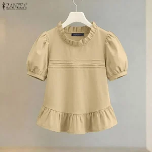 Vintage Peplum Puff Sleeve Blouse with Ruffled Trim - Summer Casual & Everyday Boho Style