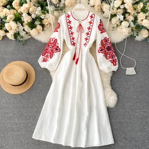 Organic Cotton Boho Midi Dress - Floral Embroidery & Empire Waist for Spring