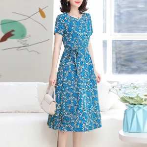 Boho Printed Cotton Blend Dress with O-Neck & Waist Sash - Graduation & Summer Brunch Ready