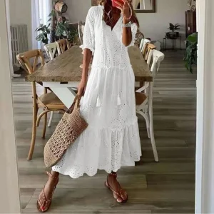 Boho Crochet Midi Dress with Ruffles - Beach & Holiday Ready