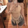 Boho Crochet Halter Crop Top with Floral Hollow Knit Detail – Beach Vacation & Festival Ready