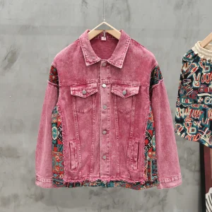 Boho Patchwork Denim Jacket – Washed Colorblock Design for Everyday Street Style