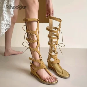 Suede-Inspired Cutout Knee-High Gladiator Sandals - Western Beach Festival Style