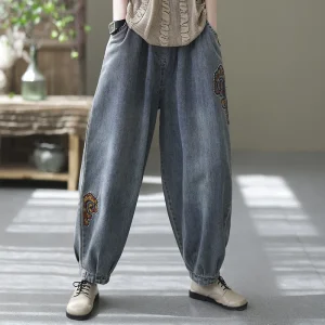Boho Embroidered Harem Jeans – High Waist Relaxed Denim Pants for Everyday & Travel Style