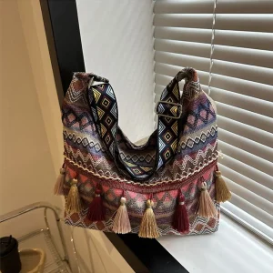 Large Fringe Crossbody Tote with Geometric Woven Pattern - Travel & Everyday Bohemian Essential