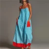Boho Maxi Dress – Square Neck Contrast Stripes – Holiday & Everyday Style