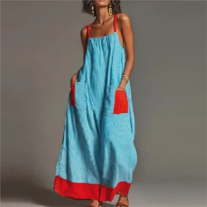 Boho Maxi Dress - Square Neck Contrast Stripes - Holiday & Everyday Style